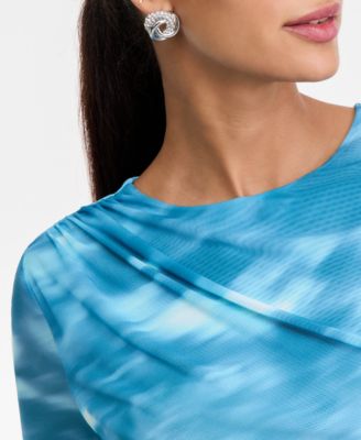 Women's Printed Long-Sleeve Draped Mesh Top