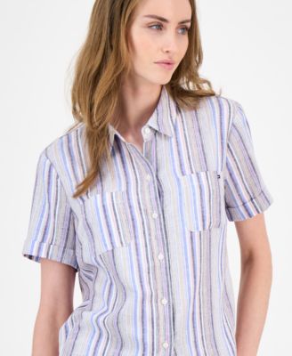 Women's Striped Short-Sleeve Camp Shirt