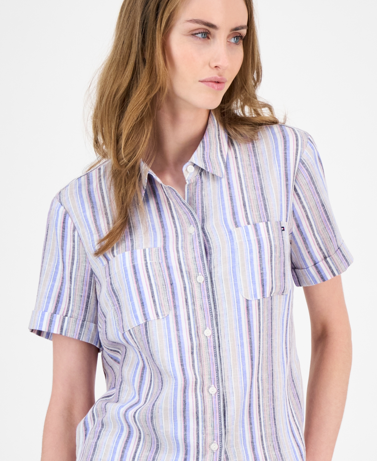 Tommy Hilfiger Women's Striped Short-sleeve Camp Shirt In Blue