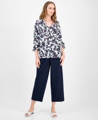 Women's Floral Tie-Neck Long-Sleeve Top