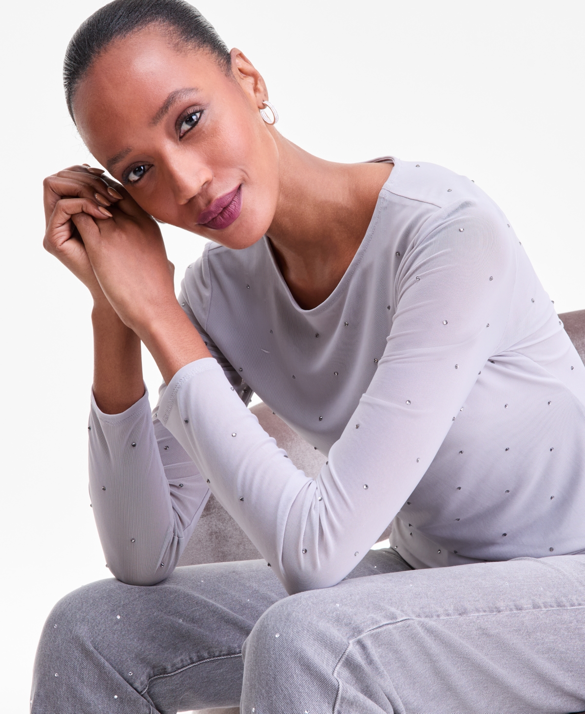 I.n.c. International Concepts Women's Crystal Mesh Long-Sleeve Top, Macy's Exclusive