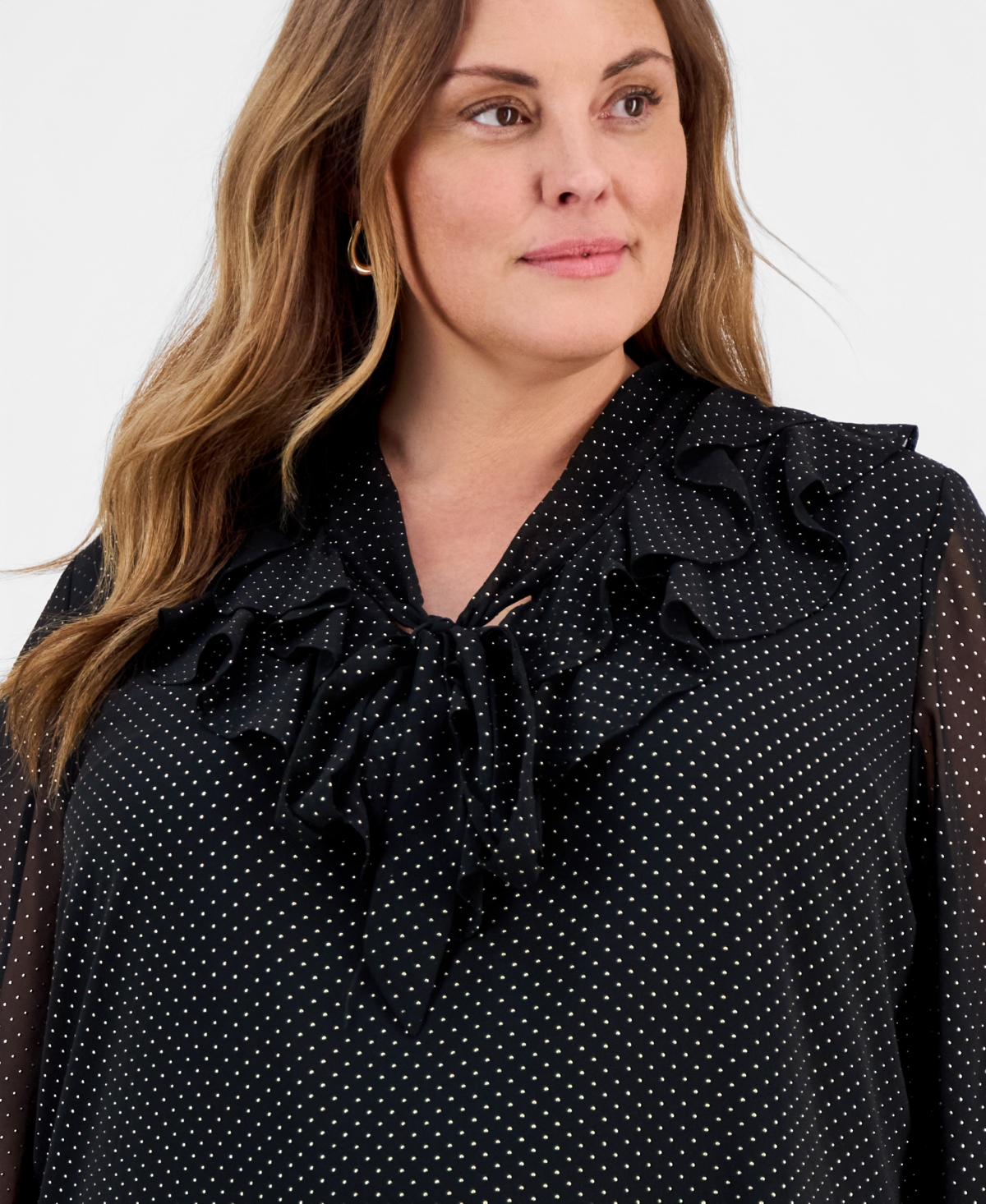 Kasper Plus Size Gold Foil Dot Print Tie-neck Blouse In Black