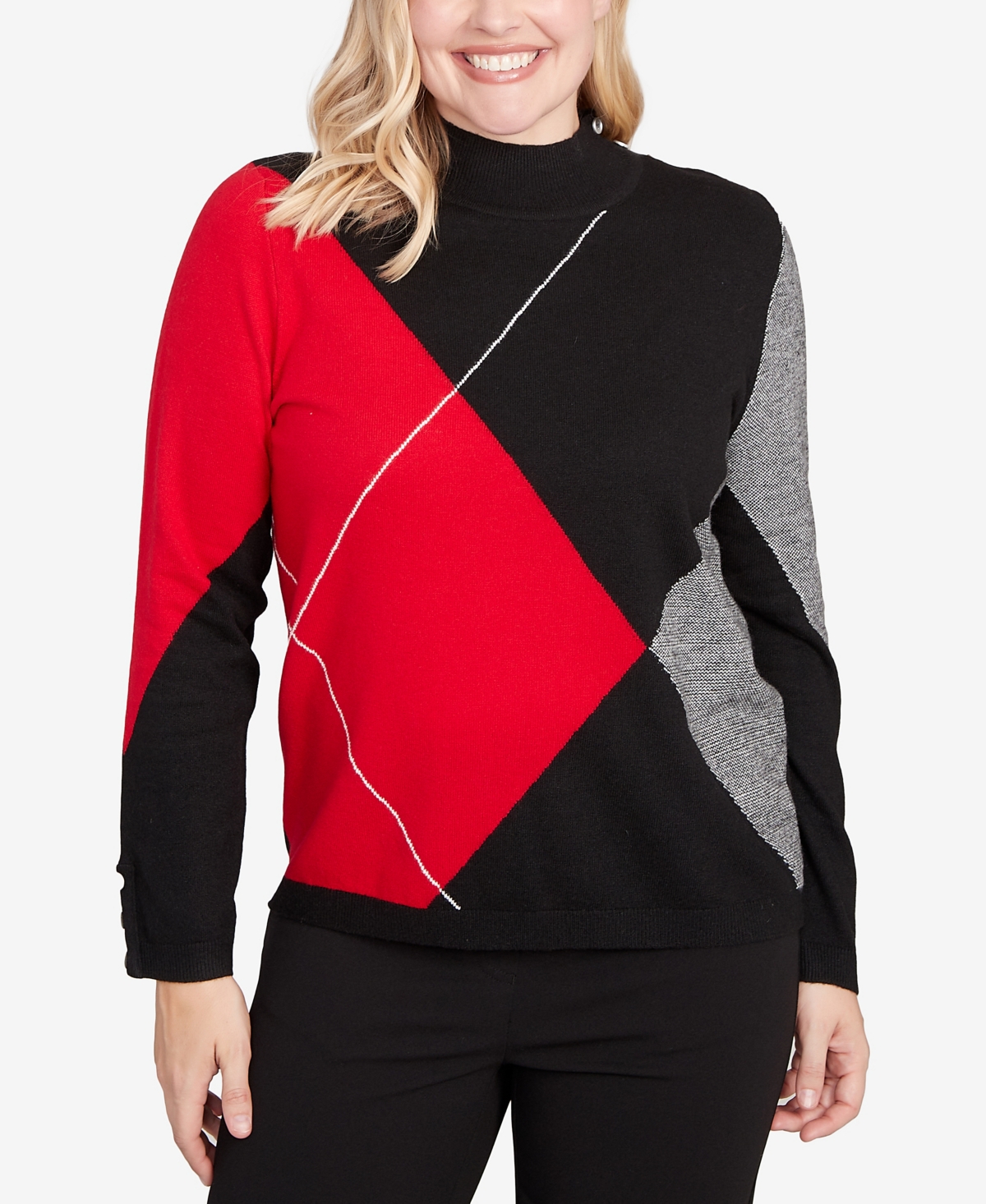 Alfred Dunner Women's Jet Setter Exploded Argyle Mock Neck Sweater