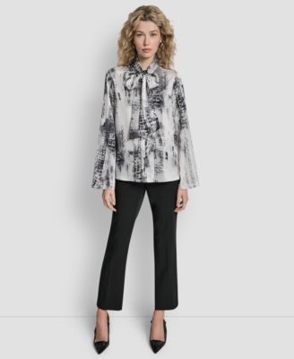 Women's Printed Neck Tie Long Sleeve Blouse