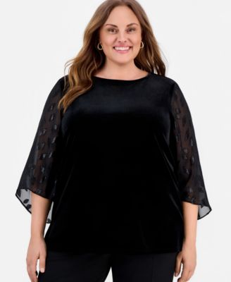 Kasper - Plus Size Mixed-Media Contrast-Sleeve Blouse