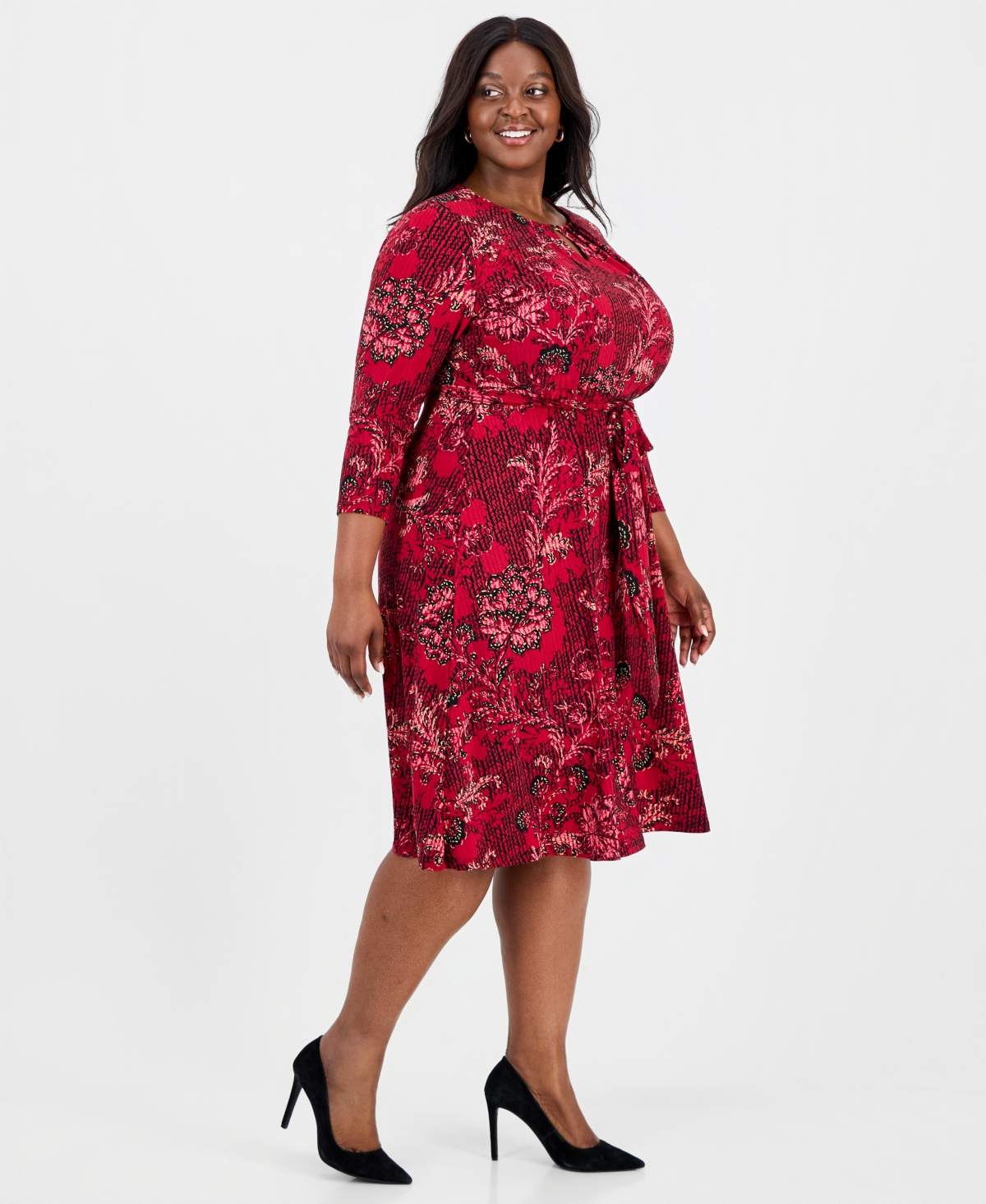 Kasper Plus Floral 3/4-Sleeve Fit & Flare Dress