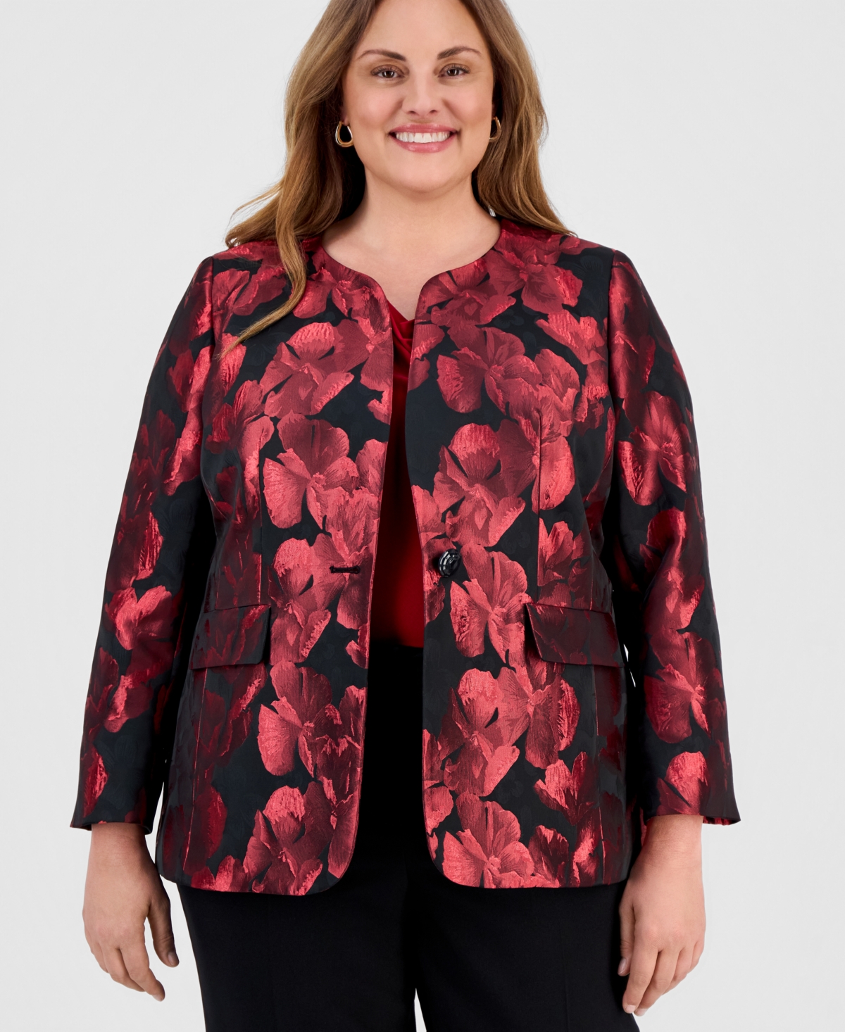 Kasper Plus Floral Jacquard One-Button Blazer