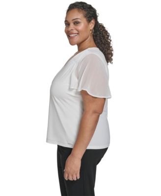 Plus Size Mixed Media Flutter-Sleeve Blouse