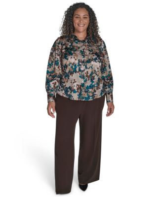 Calvin Klein - Plus Size Printed Charmeuse Long-Sleeve Blouse