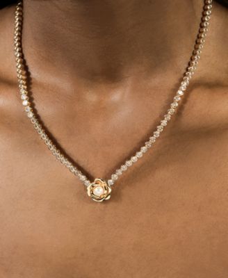 Rosa Cultivated Pearl Flower Cubic Zirconia Tennis Necklace