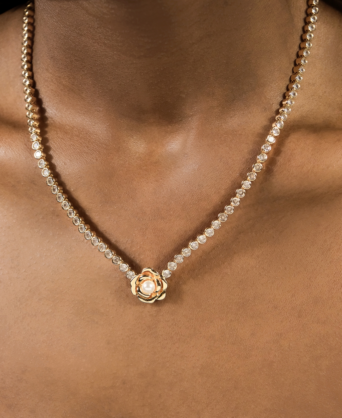 Sterling Forever Rosa Cultivated Pearl Flower Cubic Zirconia Tennis Necklace In Gold