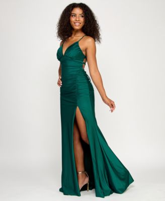 Juniors' Sleeveless Lace-Up-Back Gown with High Slit