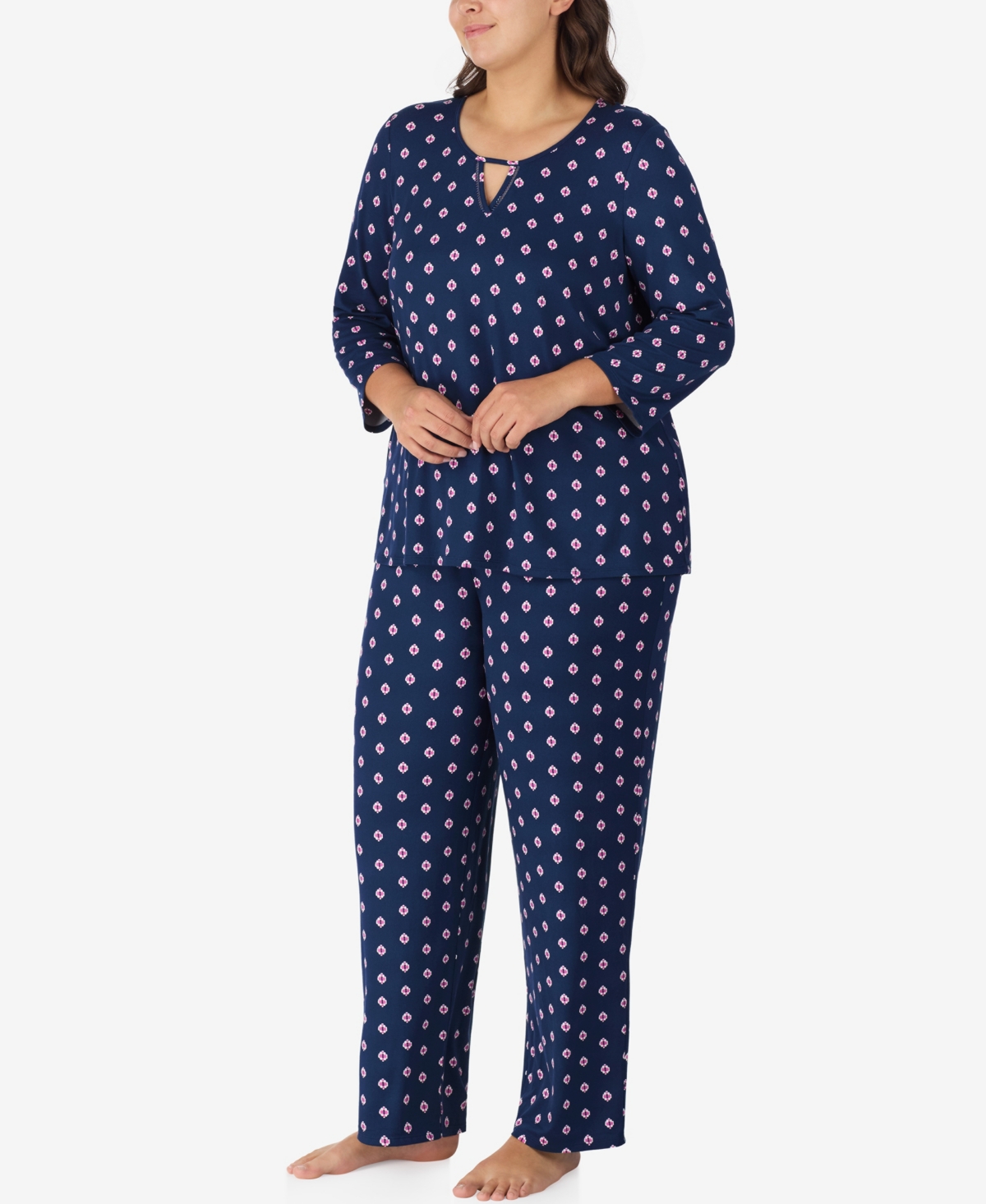 Ellen Tracy Plus Size 2-piece 3/4-sleeve Top And Pants Pajama Set In Blue