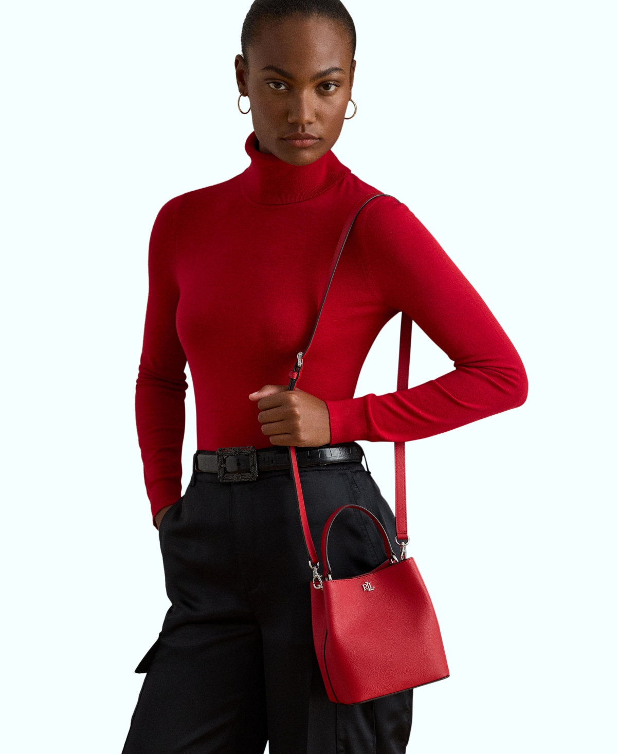 Ralph Lauren Crosshatch Leather Small Reese Bucket Bag In Red