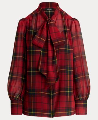 Women's Plaid Tie-Neck Blouse