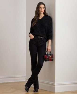 Women's Sequined Rib-Knit V-Neck Sweater