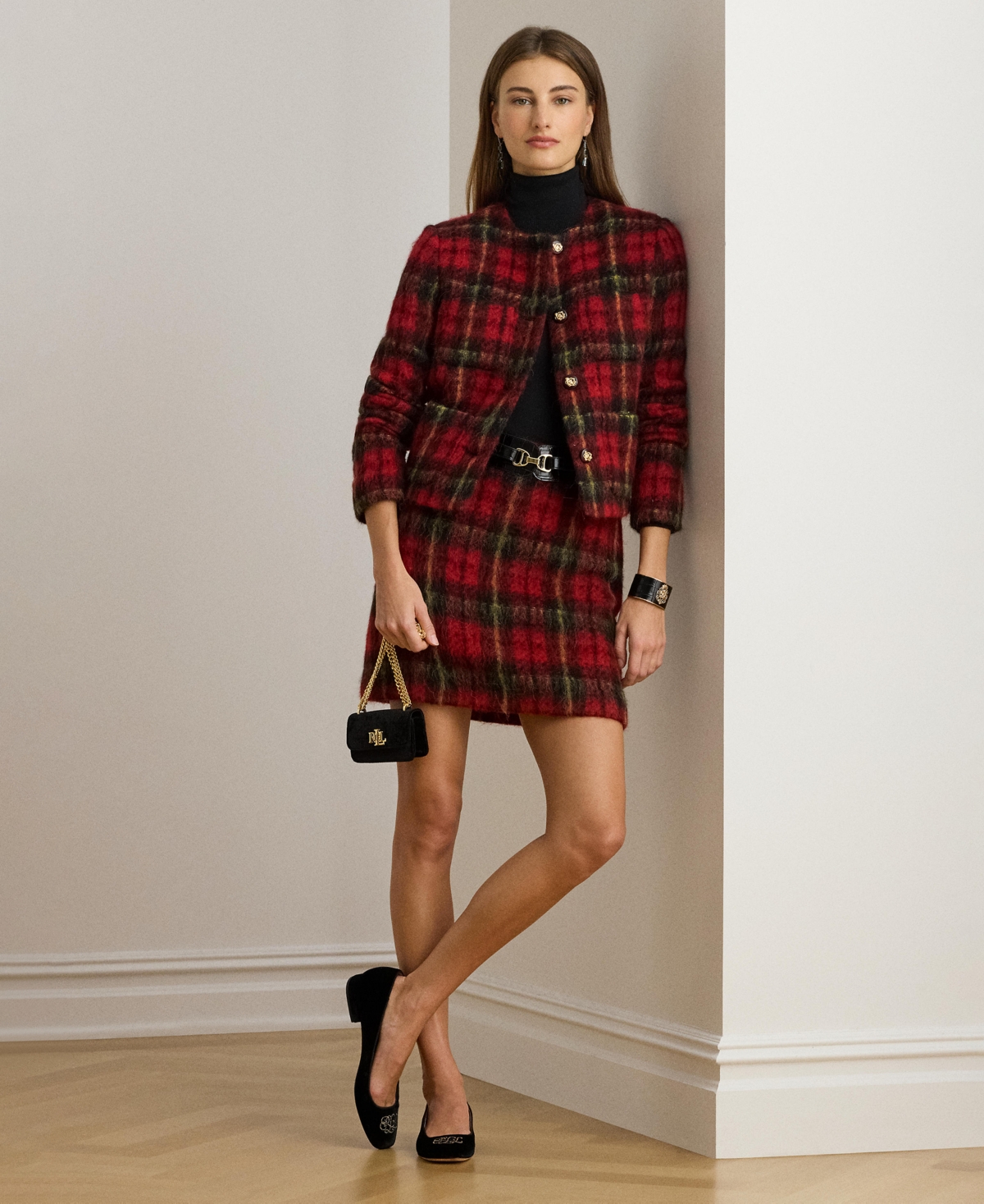 Ralph Lauren Mohair Plaid Pencil Mini Skirt In Multi