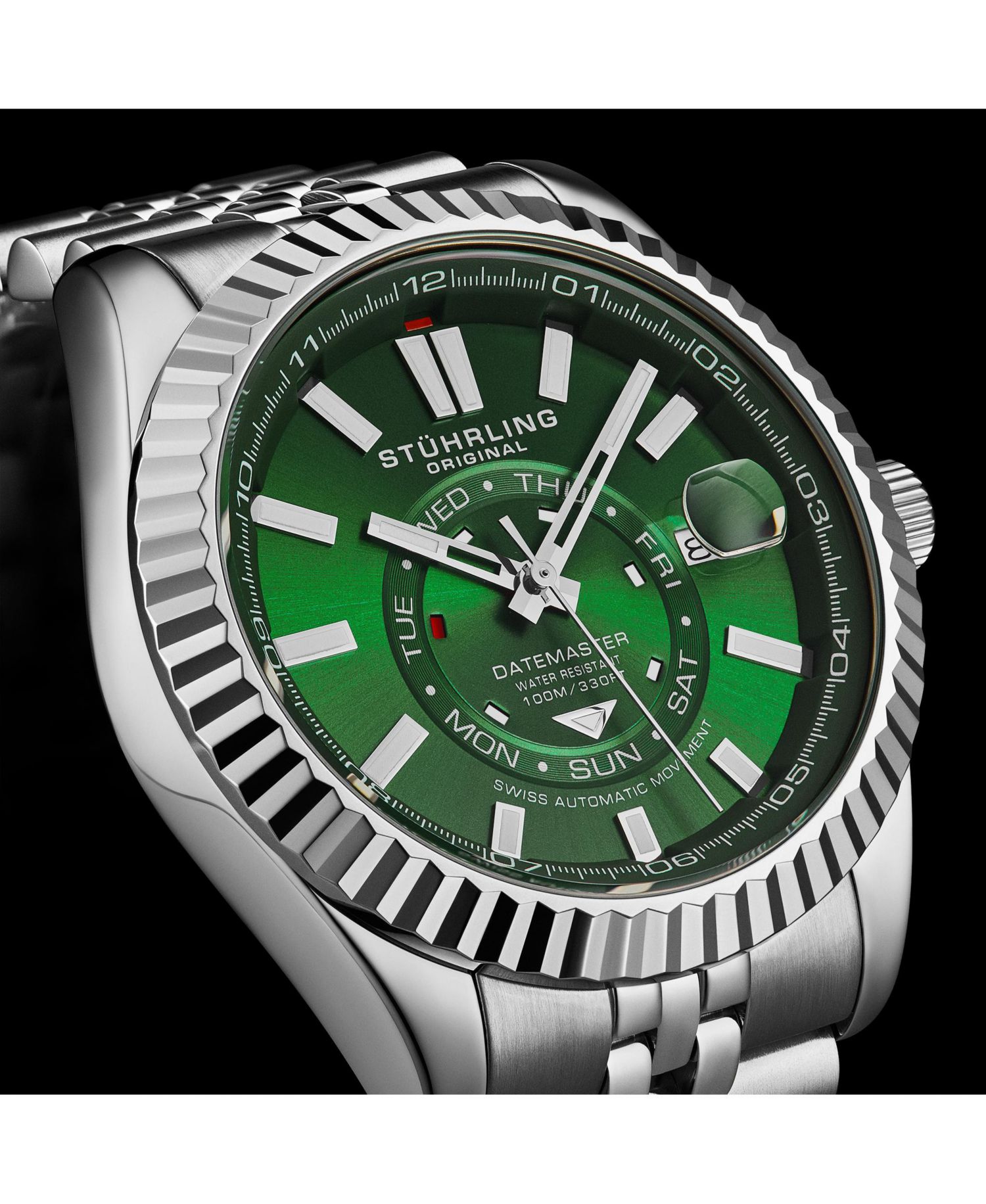 Datemaster II Men’s Swiss Automatic 42mm Stainless Steel Watch, Green Dial, Fluted Bezel, Day & Date, 100M Water Resistant