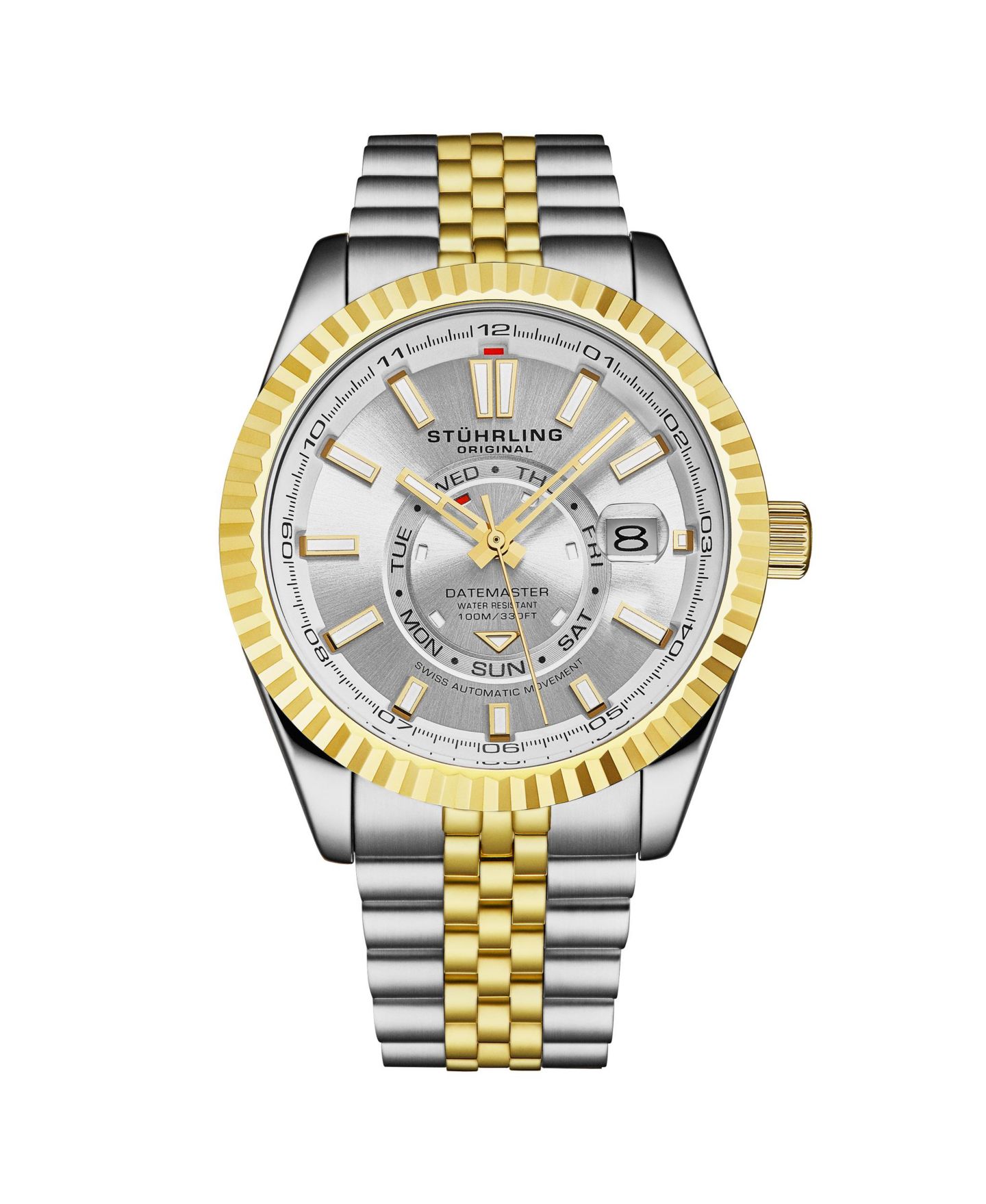 Мужские часы Stuhrling Datemaster II Swiss Automatic 42mm Two-Tone Stainless Steel Watch, Silver Dial, Fluted Bezel, Day & Date, 100M Water Resistant — фото 1