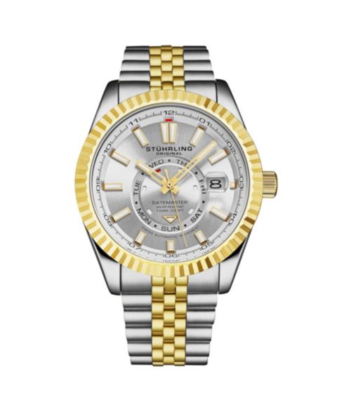 Мужские часы Stuhrling Datemaster II Swiss Automatic 42mm Two-Tone Stainless Steel Watch, Silver Dial, Fluted Bezel, Day & Date, 100M Water Resistant