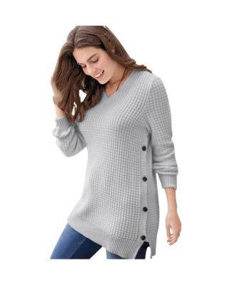 Plus Size Side Button V-Neck Waffle Knit Sweater