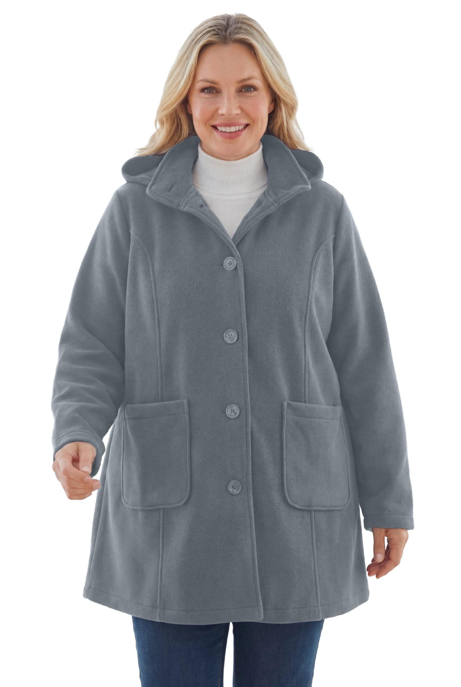 Plus Size Hooded A-Line Fleece Coat