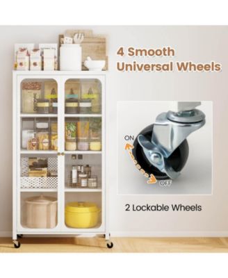 Storage Cabinet with Wheels & 2 Translucent Doors Adjustable Shelves Sideboard