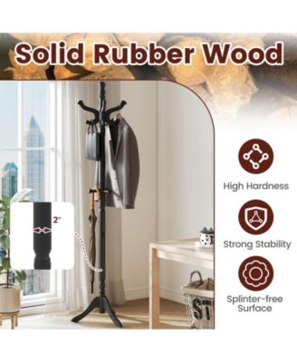 Solid Rubber Wood Coat Rack with 3 Adjustable Heights and 11 Hooks for Hallway