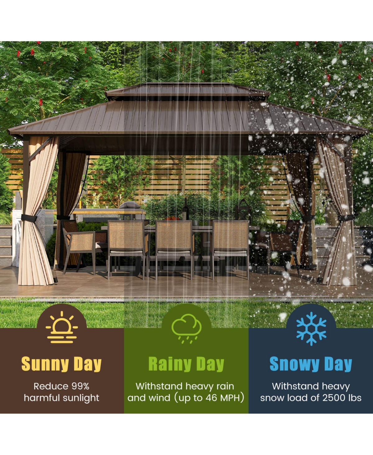 16 x 12 Ft Hardtop Gazebo with Netting Heavy-Duty Double-Roof Galvanized Metal Top