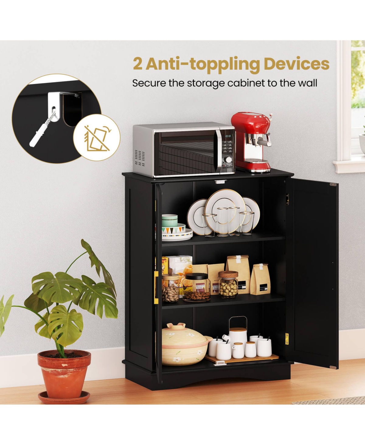 Costway Floor Storage Cabinet Modern Organizer with Adjustable Shelves &2 Doors