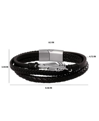 Mens Triple Row Black Leather Bracelet with Silver Accents