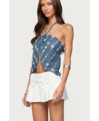 Women's Beaded Floral Split Front Halter Top