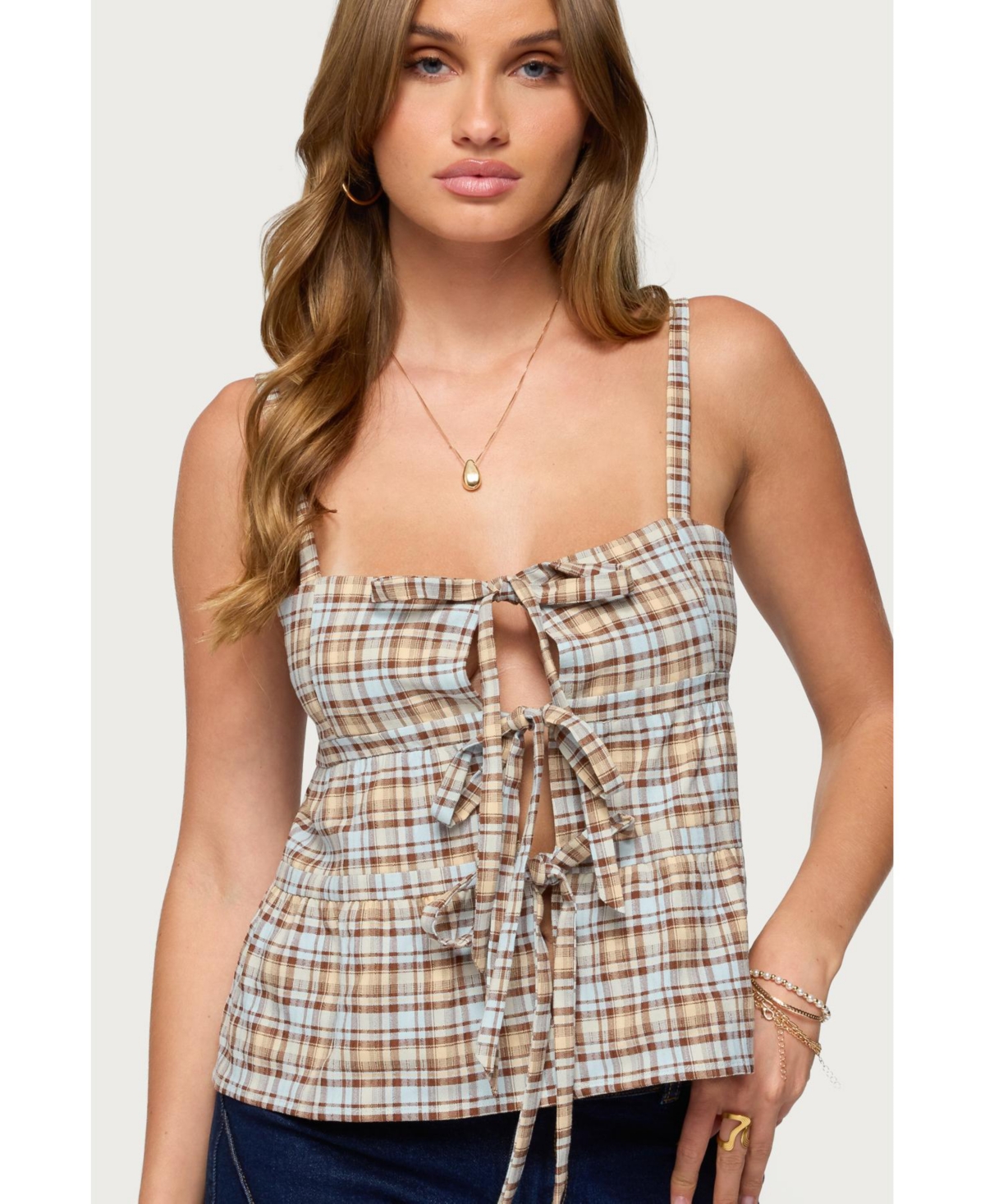 Edikted Women's Mirena Tie Front Plaid Top