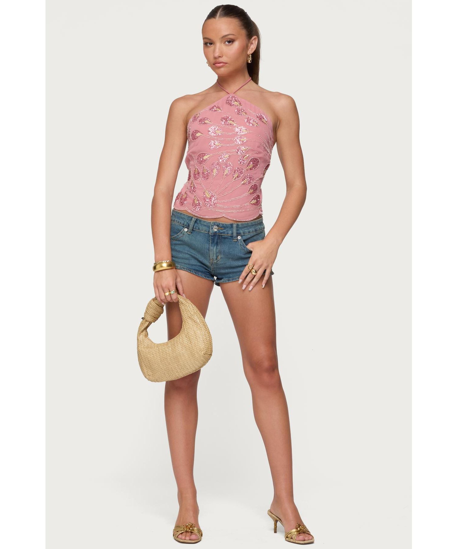 Women's Embroidered Bead and Sequin Halter Top