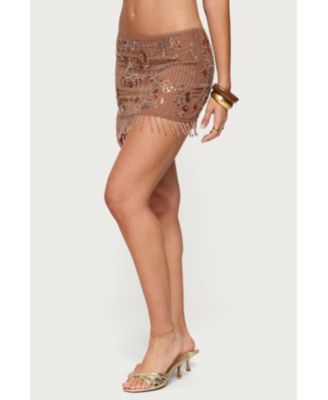 Women's Sheer Sequin Bead Fringed Mini Skirt