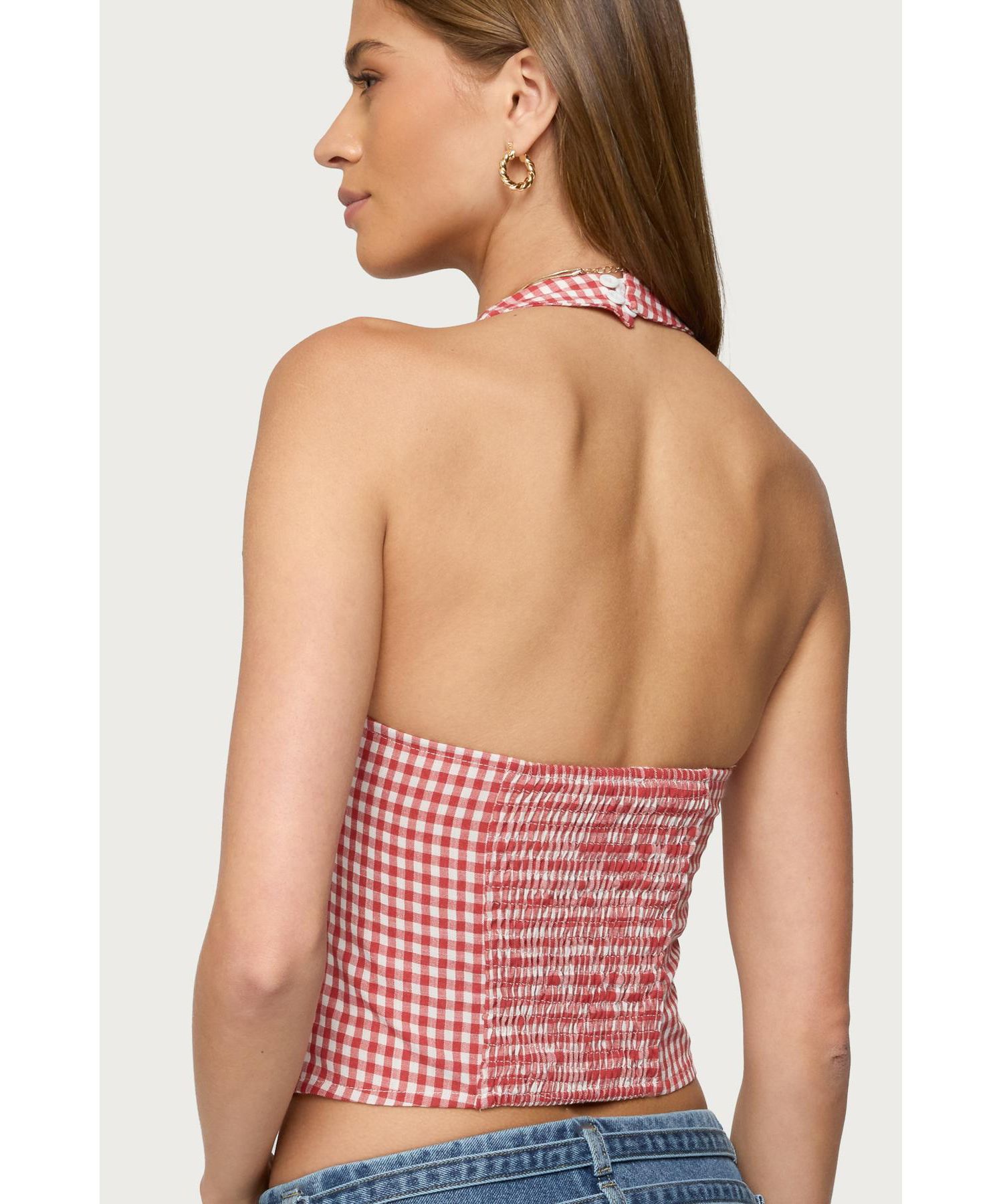 Womens Evan Gingham Button Up Halter Top