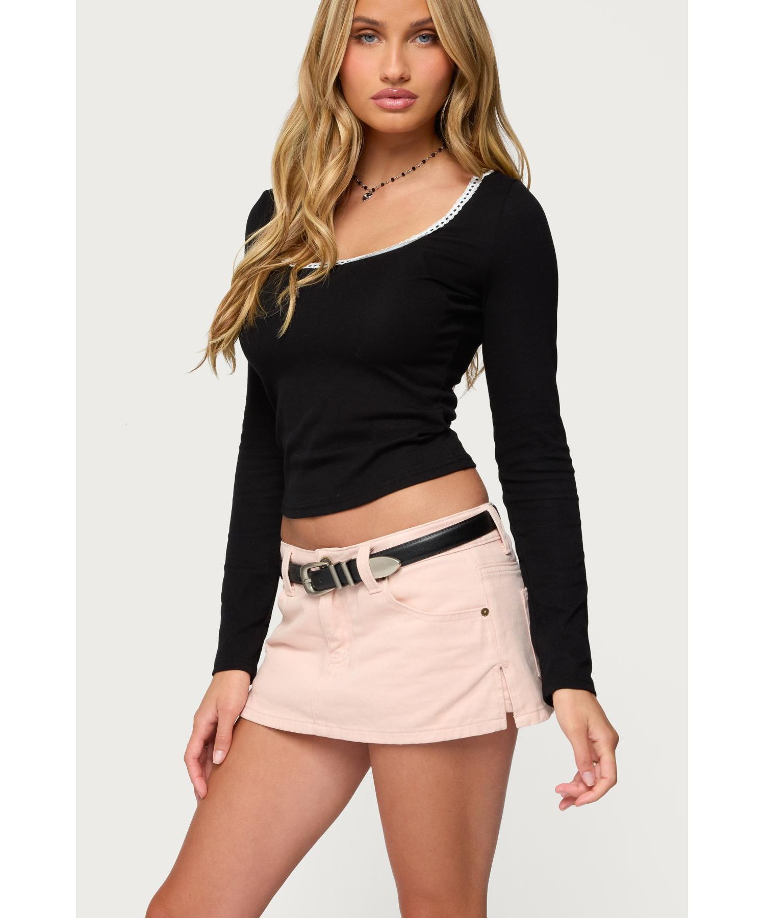 Womens Contrast Lacey Long Sleeve Top