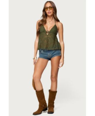 Womens Sheer Crochet Babydoll Halter Top