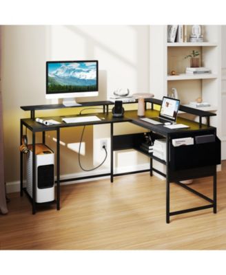 L-Shaped Gaming Desk w/ LED Lights & Power Outlets Monitor Stand Fabric Bag