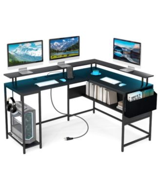 L-Shaped Gaming Desk w/ LED Lights & Power Outlets Monitor Stand Fabric Bag