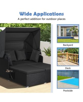 Patio Rattan Daybed Lounge Retractable Top Canopy Side Tables Cushions Outdoor