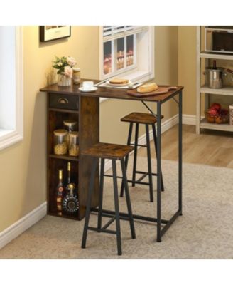 3 Pc. Set MDF, Steel Storage Drawer, Shelf, Space-Saving, Barstools Small Bar Table Set