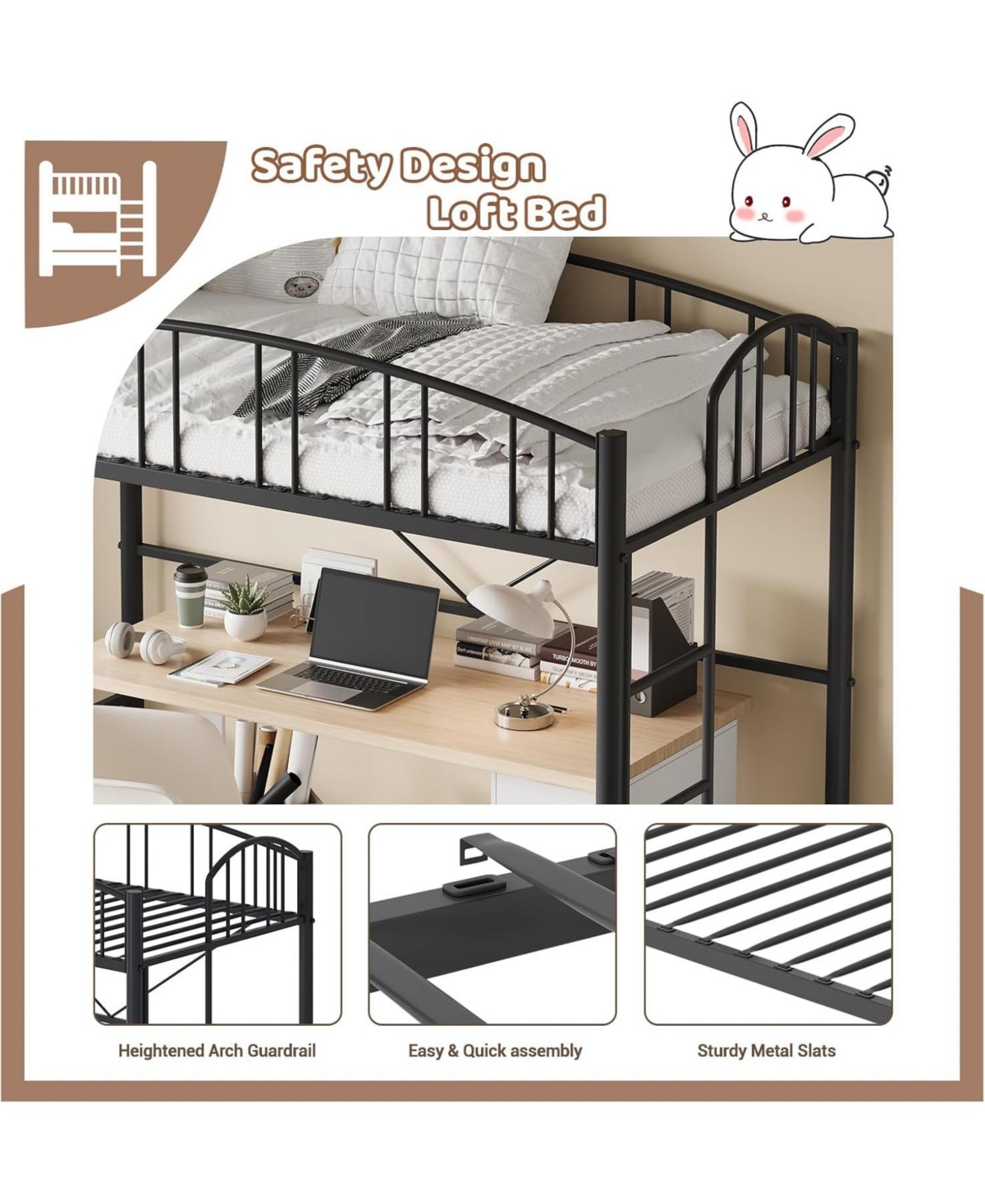 gaomon Loft Bed Twin Size, Heavy Duty Metal Loft Bed Frame with Arched Guardrail and Safety Ladder, Space-Saving, No Box Spring Needed