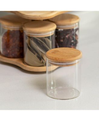Minimalist Two-Tier Bamboo Lazy Susan Turntable with 8 Pcs 12 oz Airtight Lid Glass Jars, Versatile Spice Rack Organizer, Perfect for Kitchen Countertops, Dining Tables, and Pantry Cabinets
