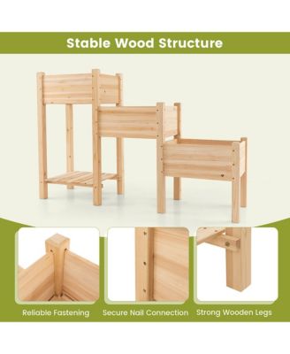 3-Tier Wooden Garden Bed Elevated Planter w/ 3 Planter Boxes, Open Storage Shelf