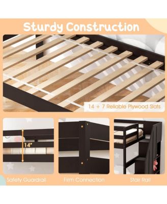 Twin over Twin Wooden Bunk Bed w/ Trundle Storage Stairs Convertible