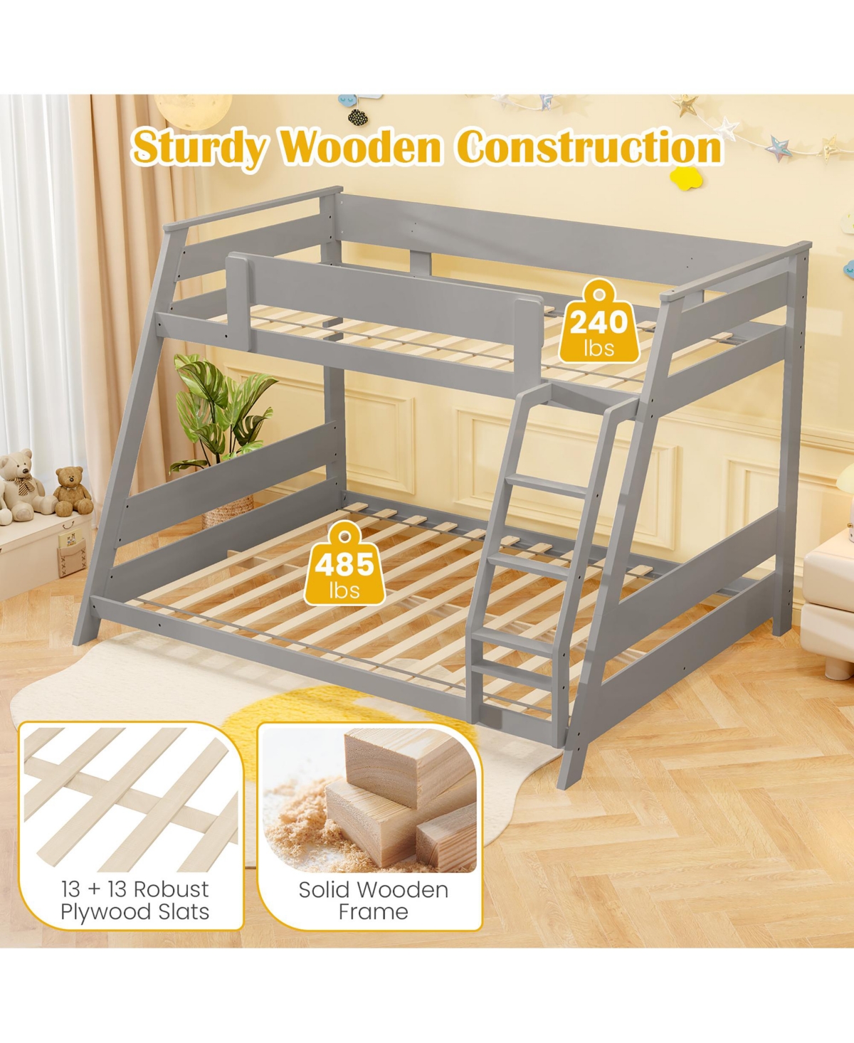 Gymax Twin Over Full Low Bunk Bed Solid Wooden Floor Bunk Bed w/ Reversible Ladder White