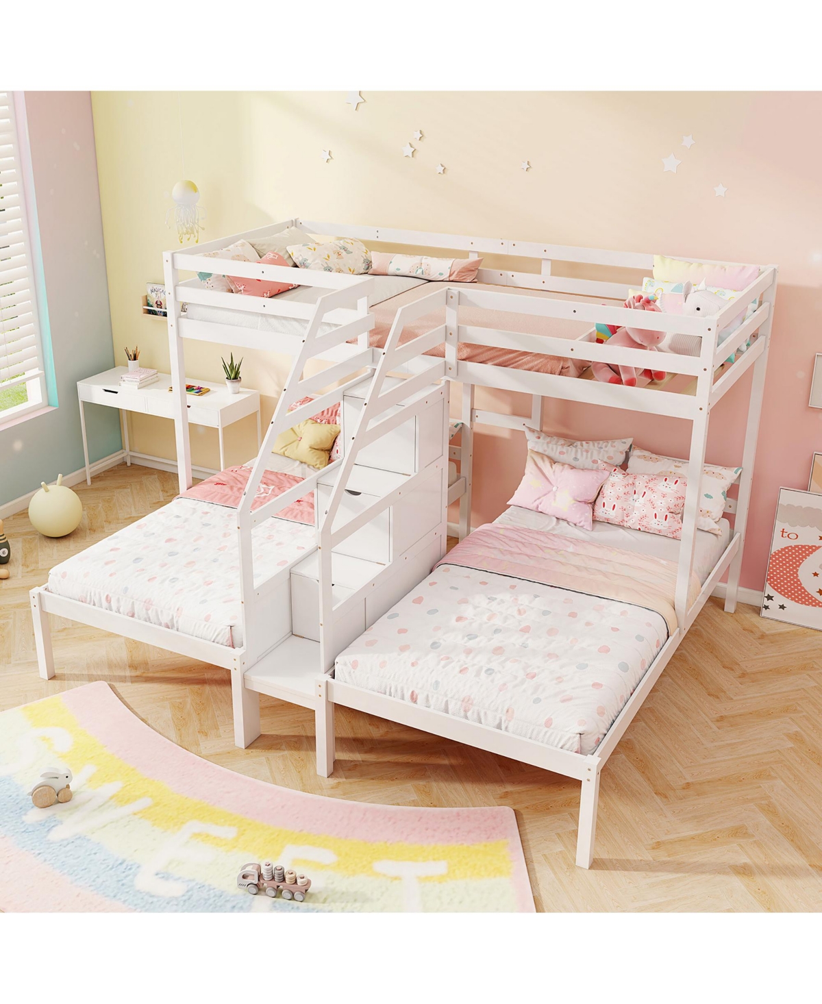 Gymax Wooden Twin Over Twin & Twin Bunk Bed w/ 4-Step Storage Staircase Guardrail