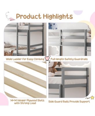 Twin Over Twin Wood Bunk Beds W/Ladder & Safety Rail Pine Wood Bunk Bed