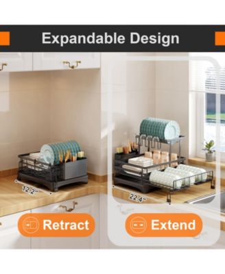 Dish Drying Rack,Extendable Dish Rack with Cutlery Holder, Anti-Rust Black Dish Racks for Kitchen Counter